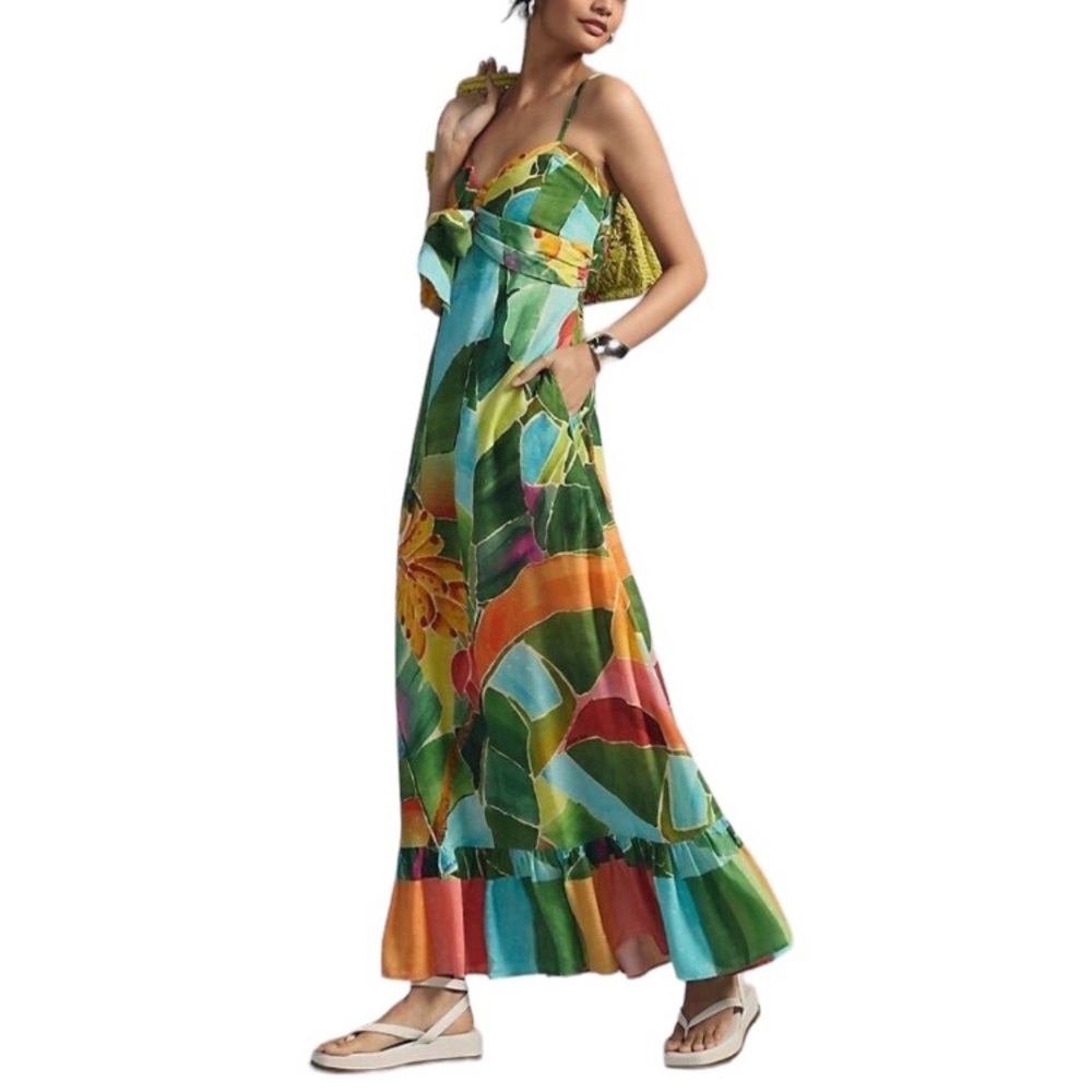Farm Rio x Anthropologie Tie-Waist Printed Dress Multi Palm | Size XS